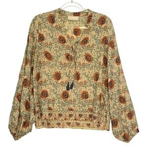 Natalie Martin Boho Peasant Top Puff Sleeve Floral Print Tie Lace Front Tassel S